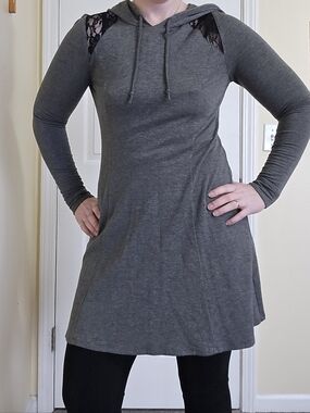 Gray Hooded Sweatshirt Dress Tunic with Lace Accents